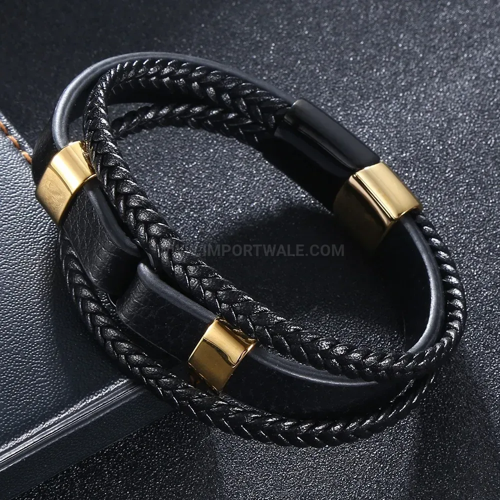 Layered Black Leather Bracelet with Gold and Black Steel Clasp