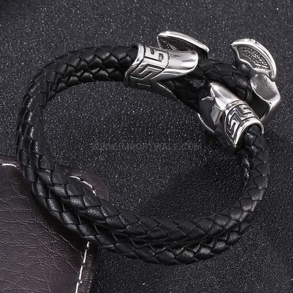 Braided Leather Punk Bracelet with Stainless Steel Skull Charm