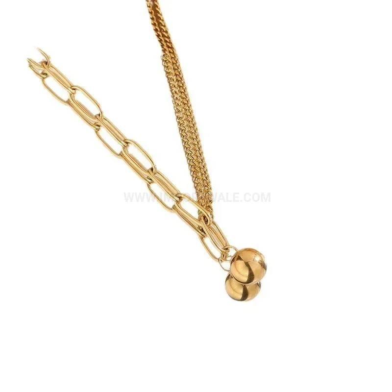 Bold Gold Plated Stainless Steel Small Golden Ball Pendant Necklace
