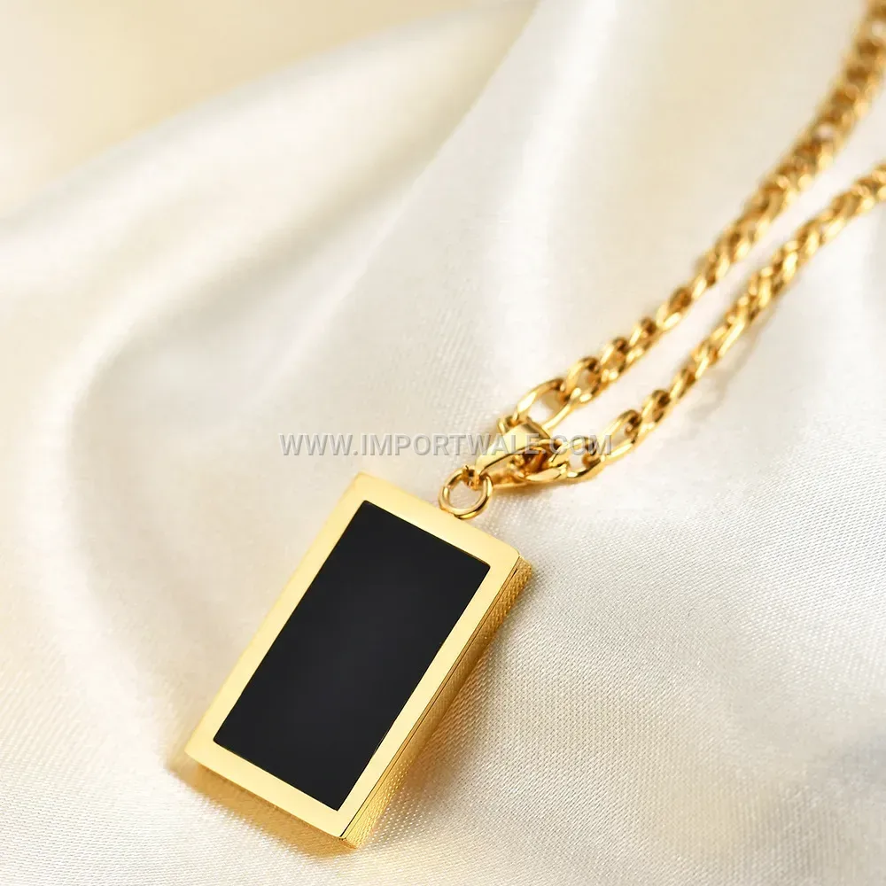 Rectangular Shell and Agate Stainless Steel Pendant Necklace