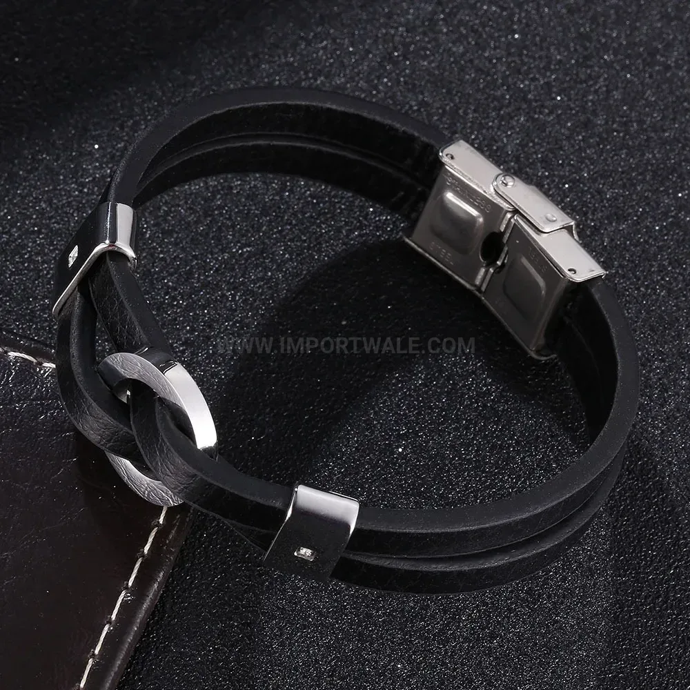 Gemstone Inlaid Leather Stainless Steel Circular Accent Bracelet