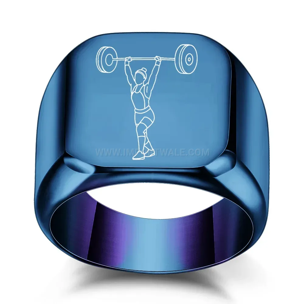 Classic Weightlifter Engraved Square Stainless Steel Signet Ring