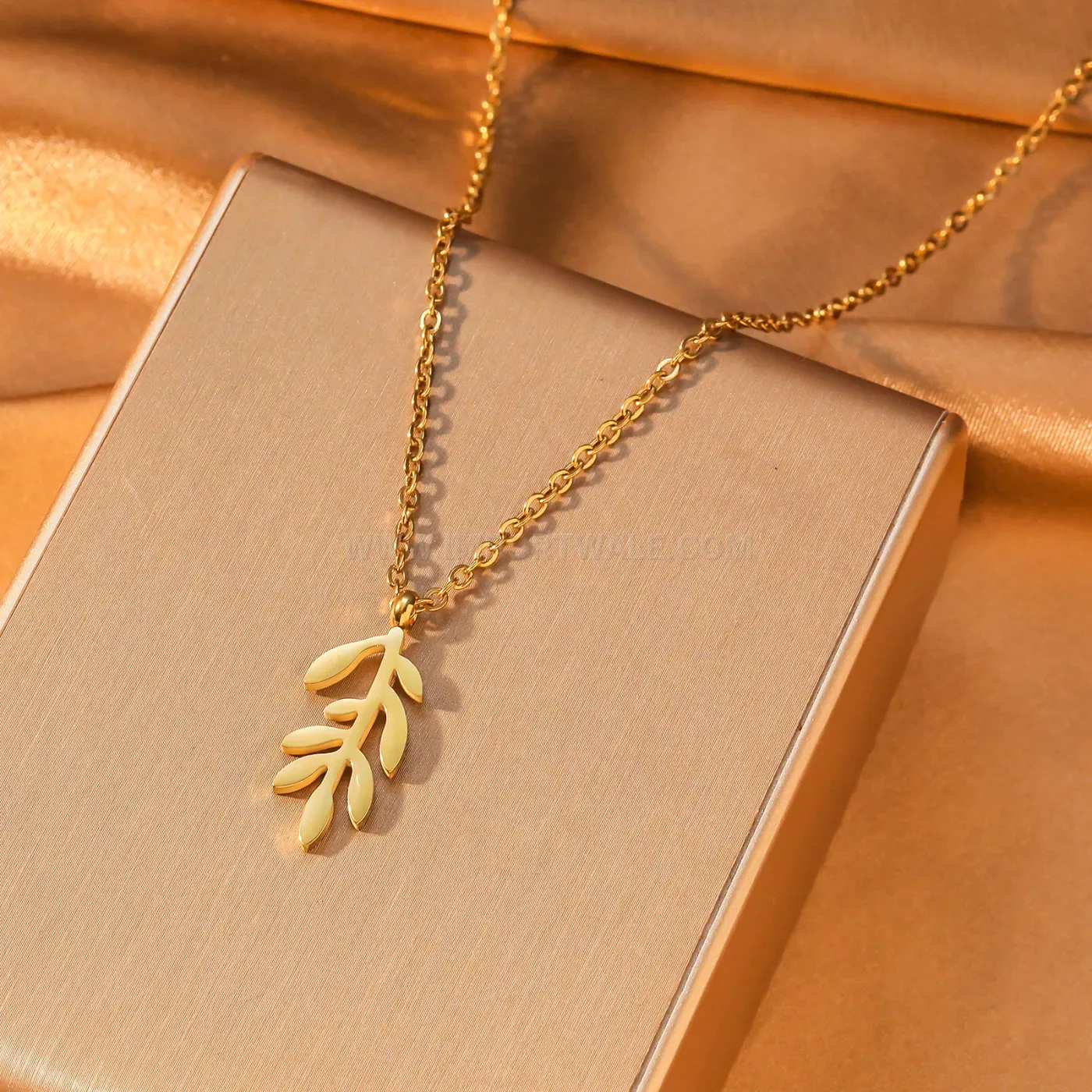 Gold Plated Stainless Steel Olive Branch Leaf Pendant Necklace