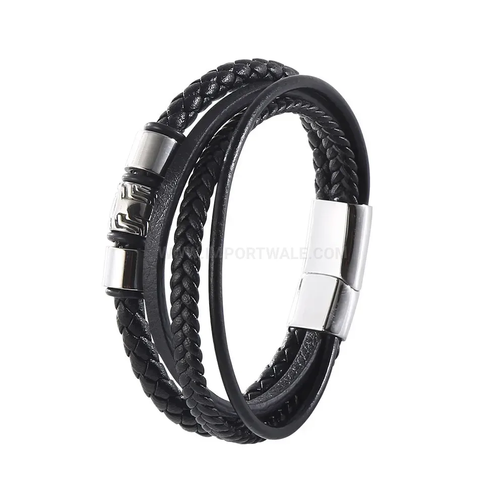 Multi-Strand Woven Black Leather Bracelet with Stainless Steel Hardware