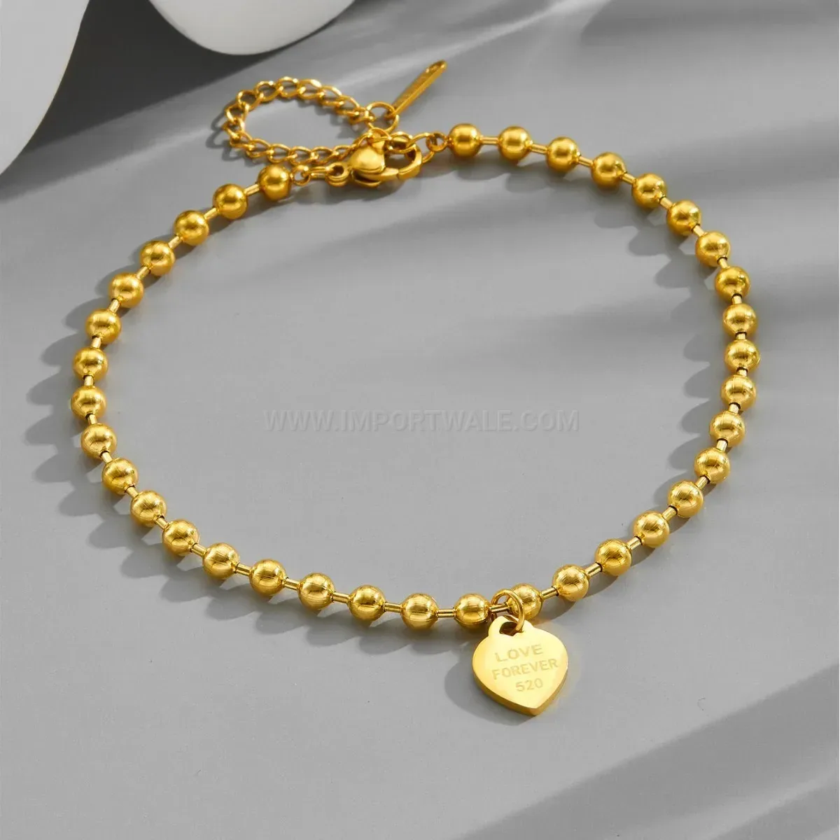 Stylish Gold Plated Titanium Steel Bead Chain Heart Tag Bracelet