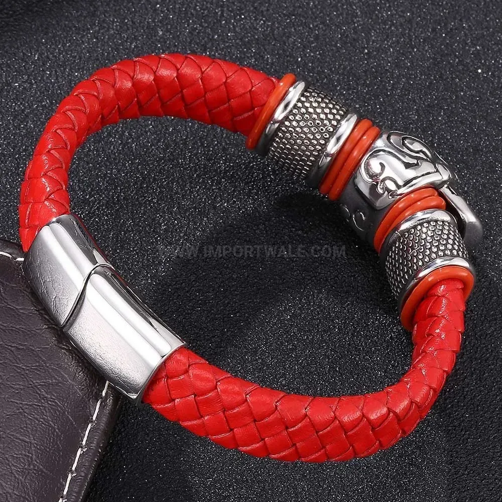 Stylish Braided Cowhide Leather Skull Stainless Steel Bangle Bracelet