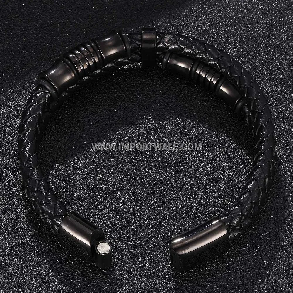 Dual-Layer Braided Leather Bracelet with Stainless Steel Elements