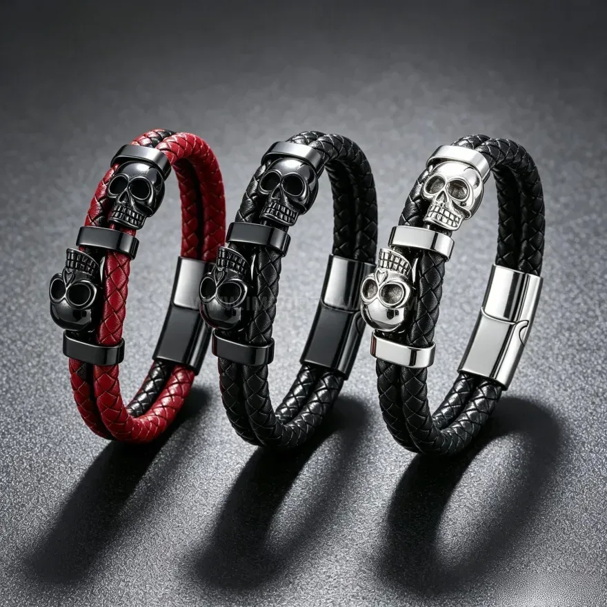 Chic Double Strand Braided Leather Skull Bracelet with Magnetic Clasp
