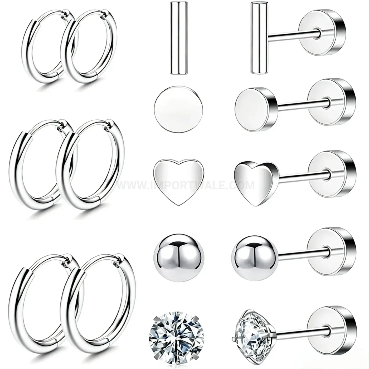 Designer Stainless Steel Cubic Zirconia Hoop and Stud Piercing Earring Set