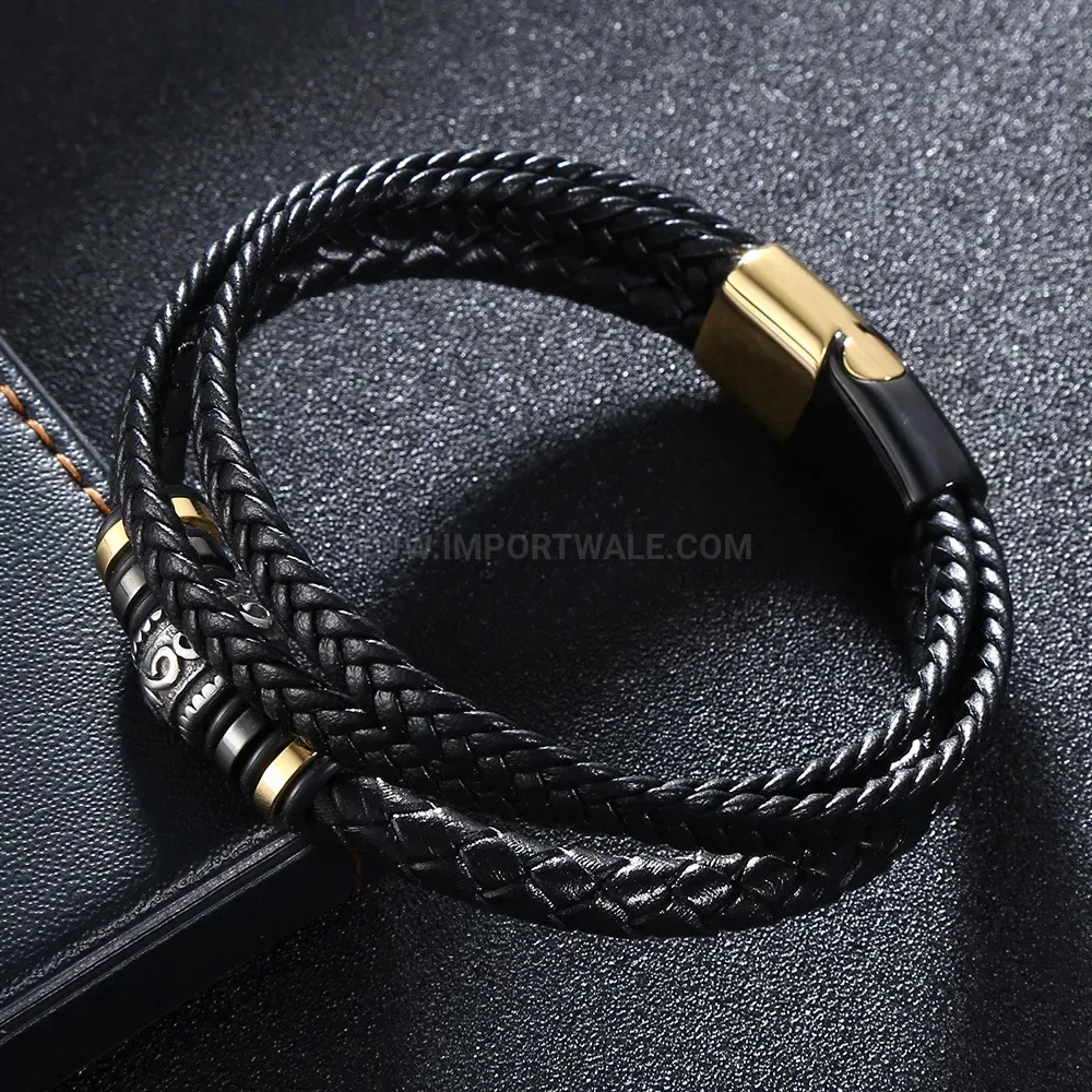 Multi-Strand Woven Leather and Stainless Steel Charm Bracelet