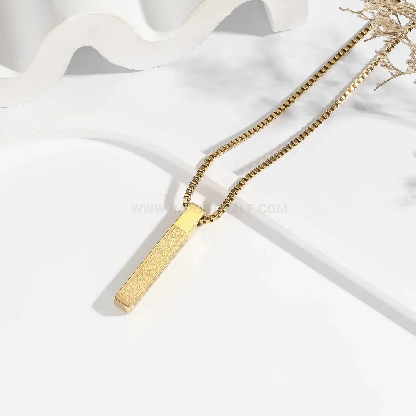 Classic Square Pillar Arabic Calligraphy Stainless Steel Pendant Link Necklace