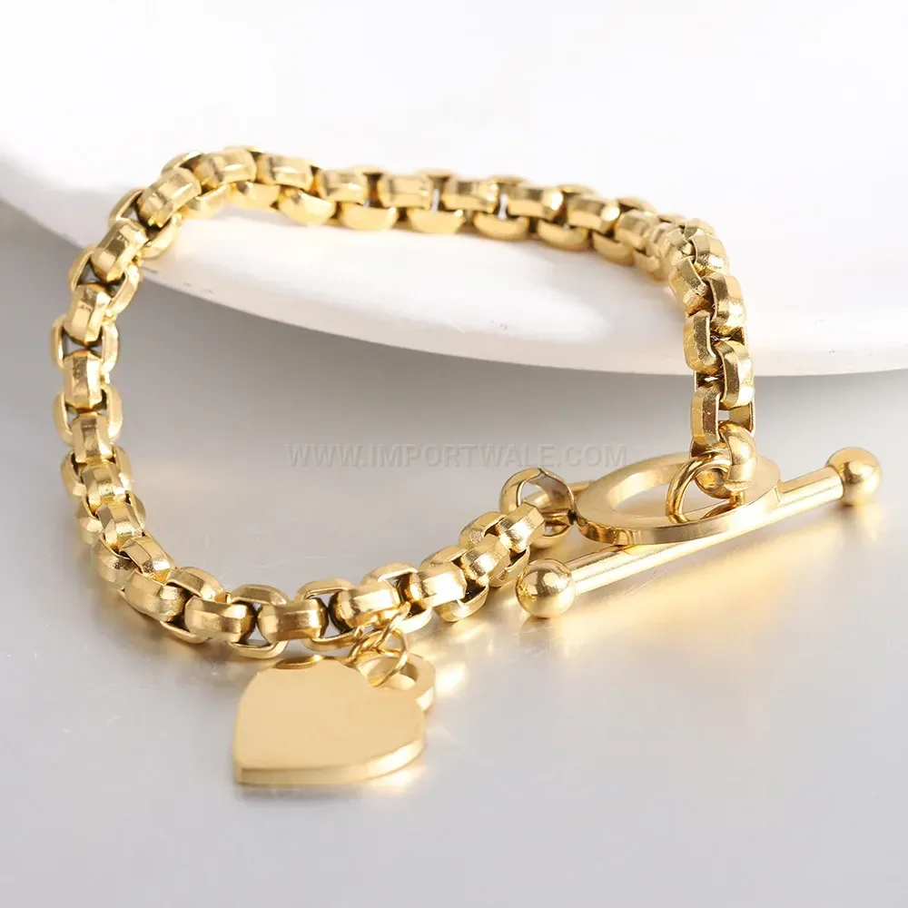 Stainless Steel Pearl Chain Bracelet with Heart OT Toggle Clasp