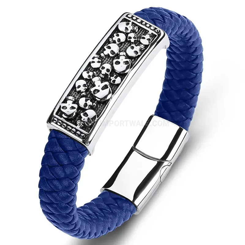 Modern Classic Skull Stainless Steel Leather Bangle Bracelet