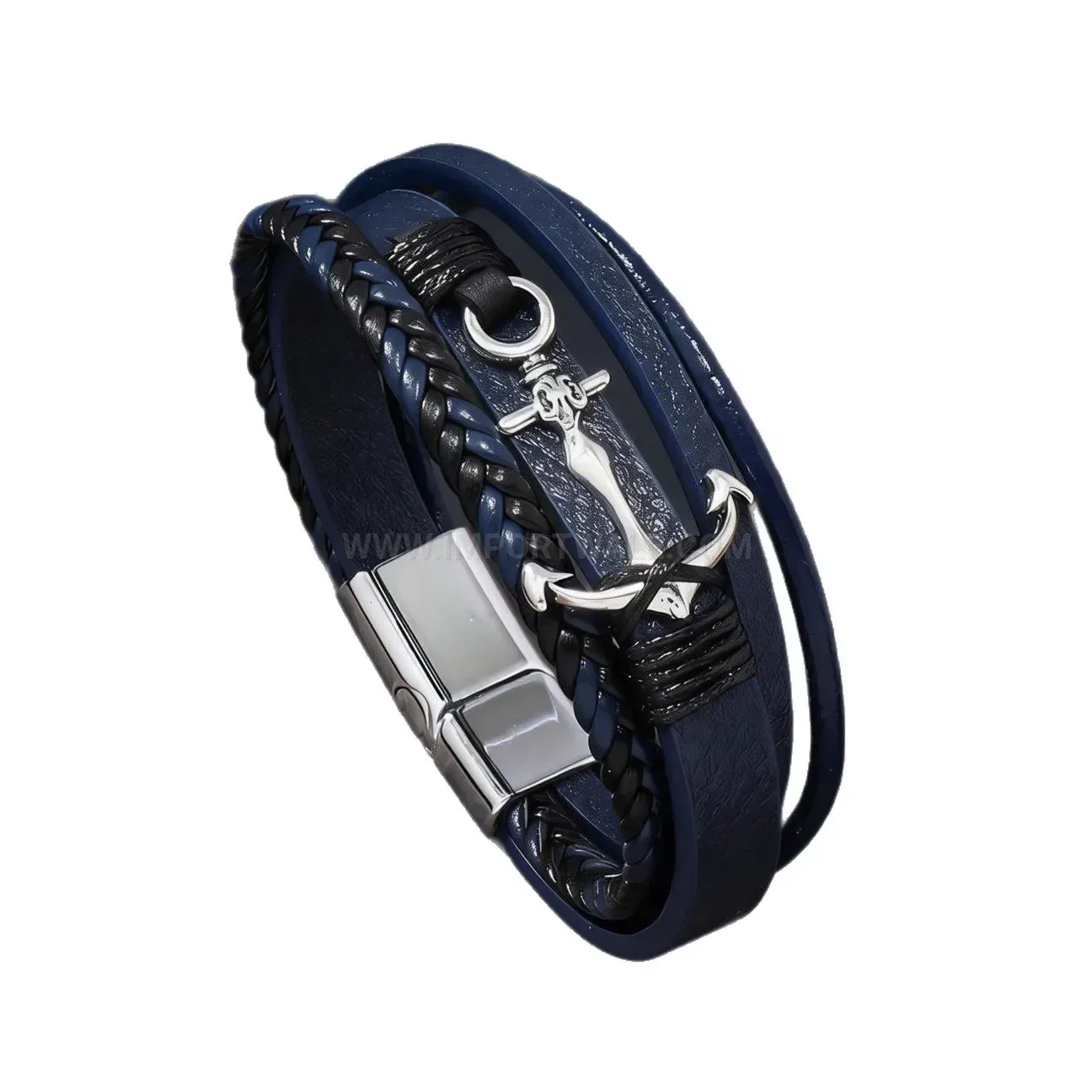 Designer Multi Strand Leather Anchor Bracelet with Automatic Magnetic Clasp