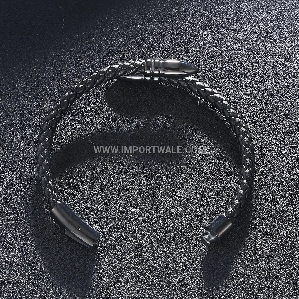 Bullet-Detail Leather Wristband with Stainless Steel Clasp