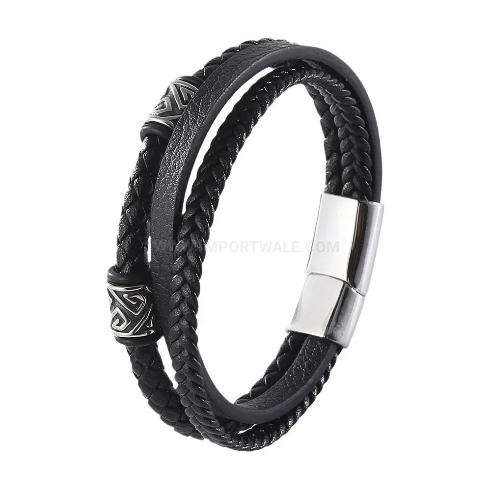 Multi-Strand Cowhide Leather Wristband with Stainless Steel Accents