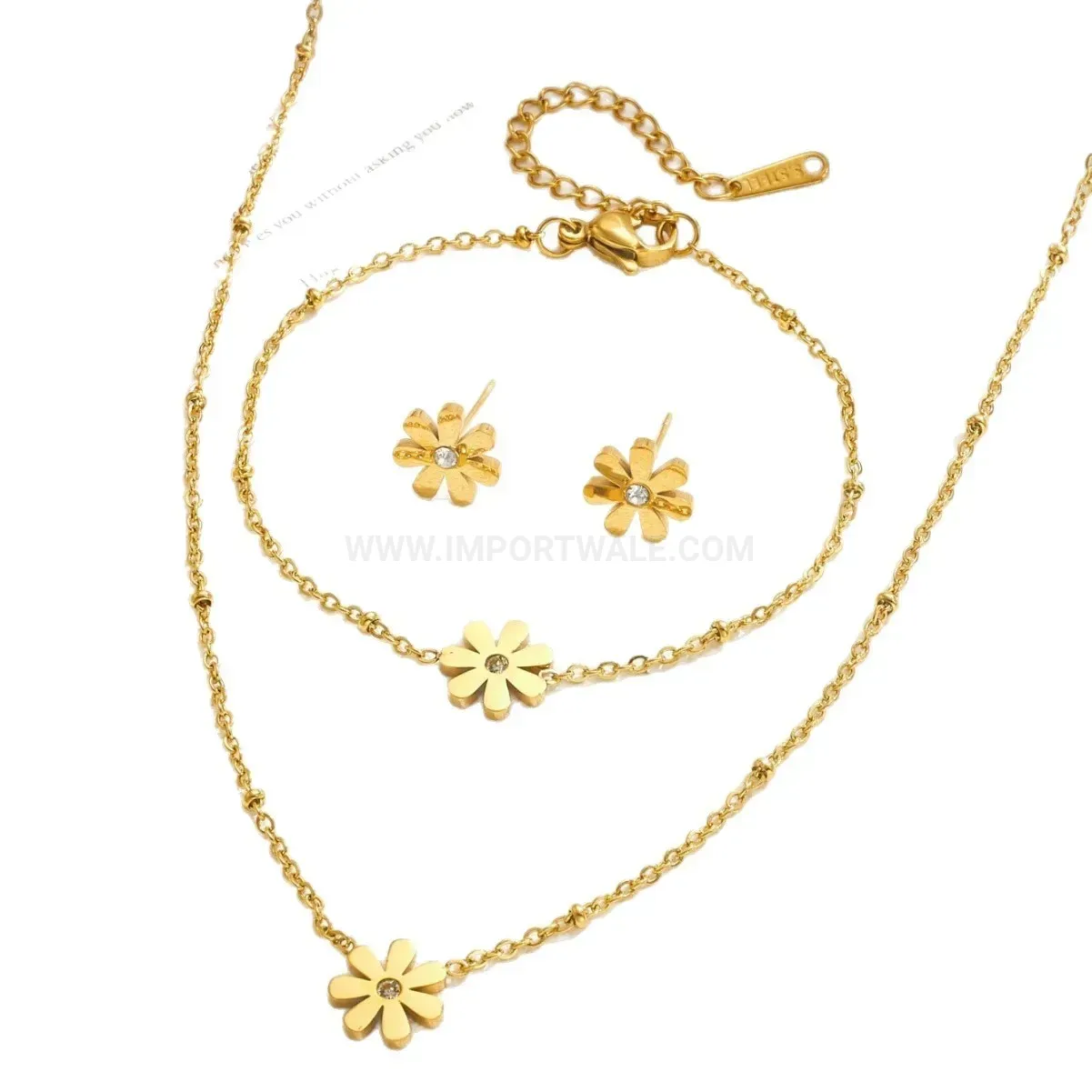 Modern Gold Daisy Stainless Steel Necklace Earring Bracelet Set