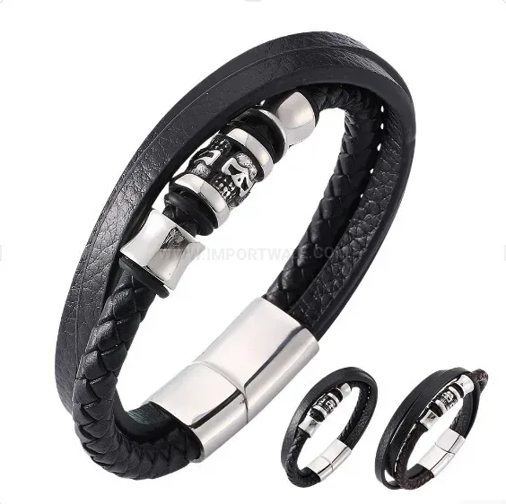 Skull Detail Multi Strand Leather Wristband in Stainless Steel