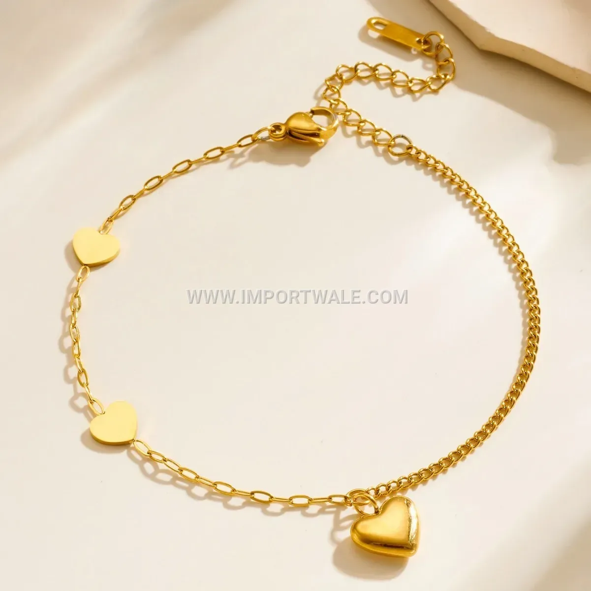 Gold Stainless Steel Heart Charm Adjustable Anklet