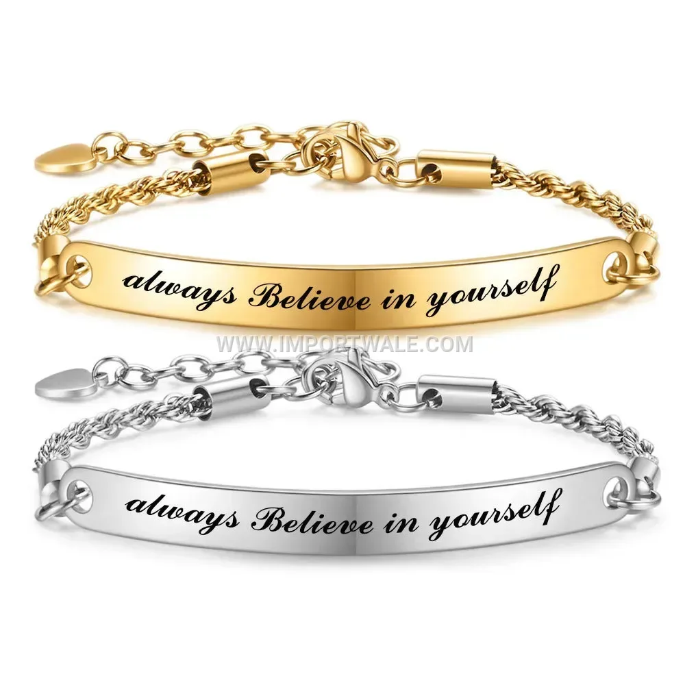 Adjustable Stainless Steel Curved Bar Bracelet with Engraved Quote