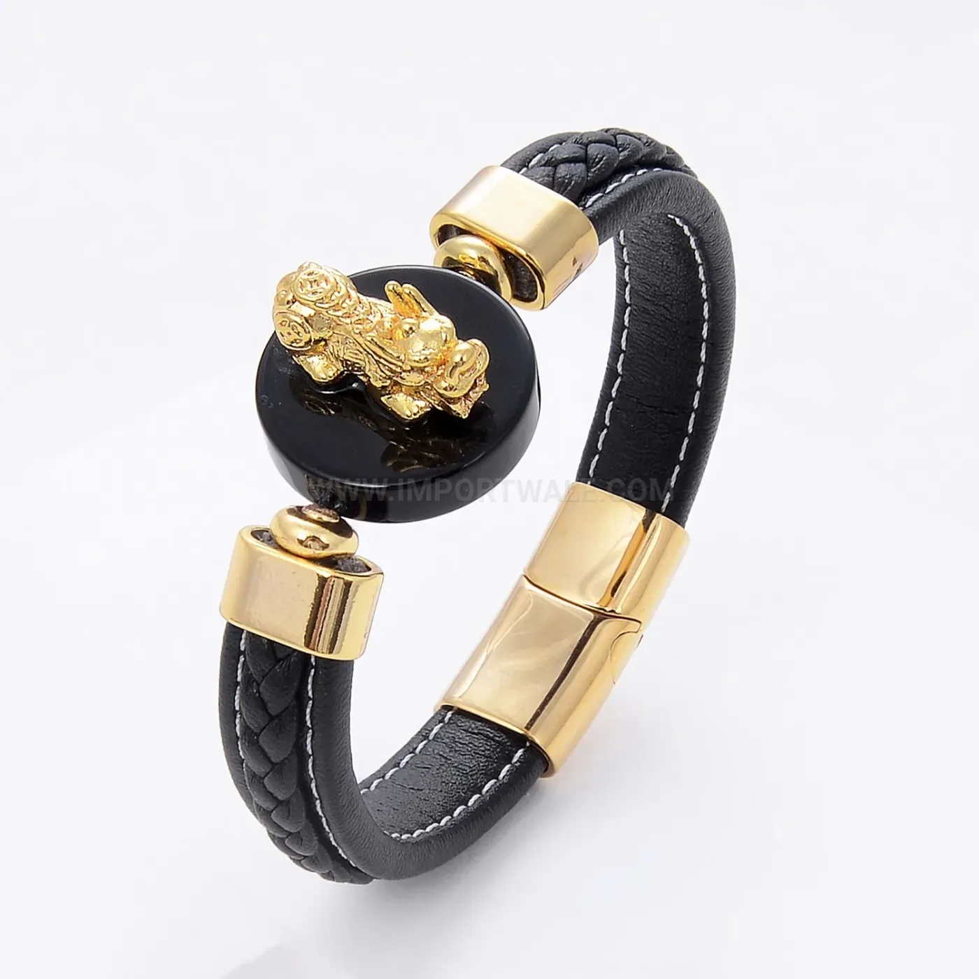 Vintage Braided Leather Pixiu Natural Stone Bracelet With Stainless Steel Clasp