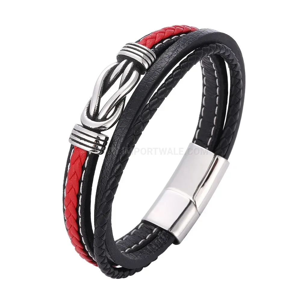 Braided Dual-Tone Leather Bracelet with Stainless Steel Magnetic Clasp