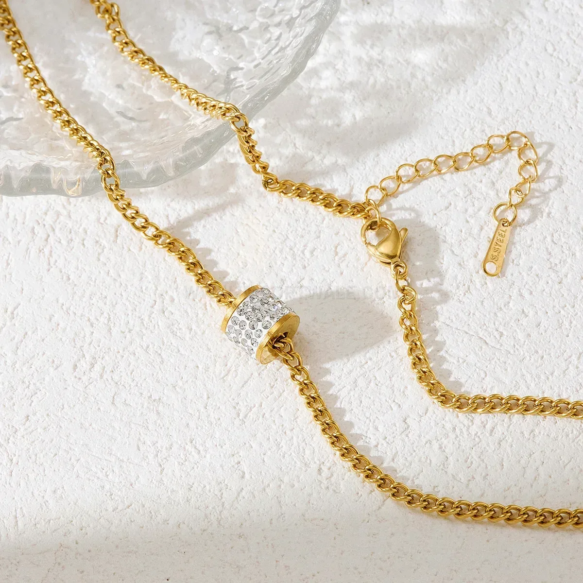 Gold Zircon Cylinder Stainless Steel Clavicle Pendant Necklace