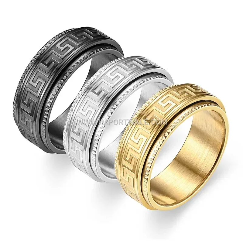 Carved Stainless Steel Spinning Band Ring with Great Wall Pattern