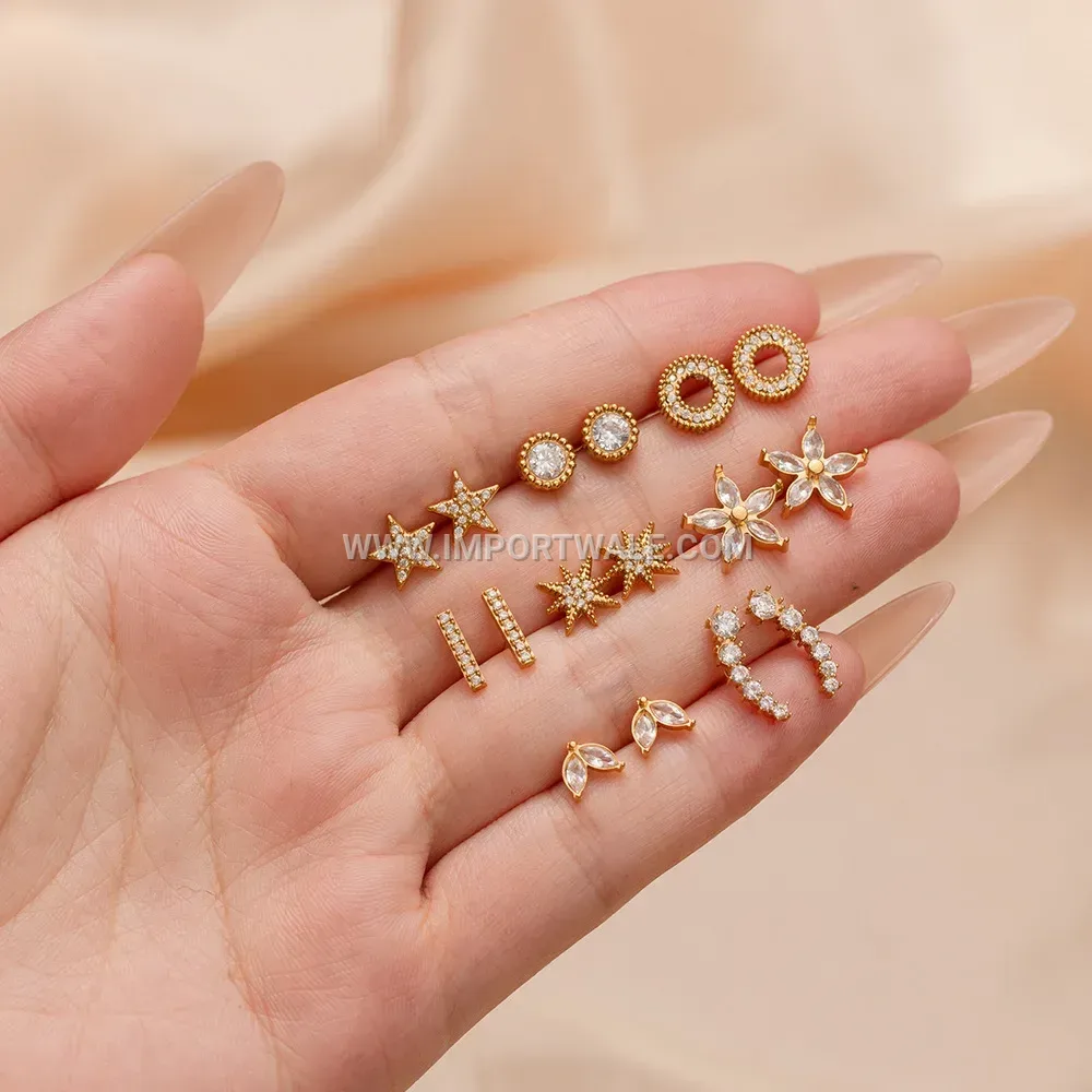 Geometric Gold Plated Zircon Stud Earrings