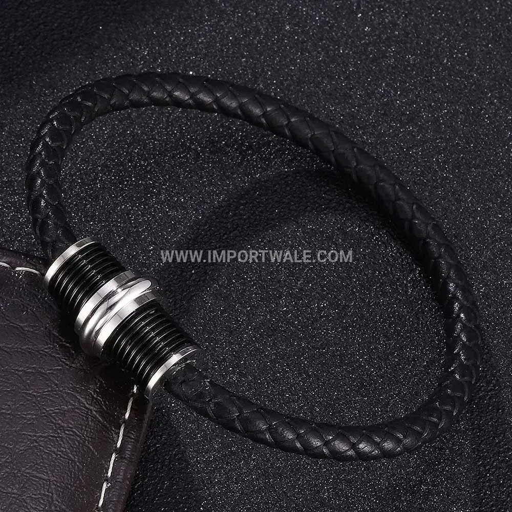 Single Strand Black Leather Cuff with Twist Magnetic Lock