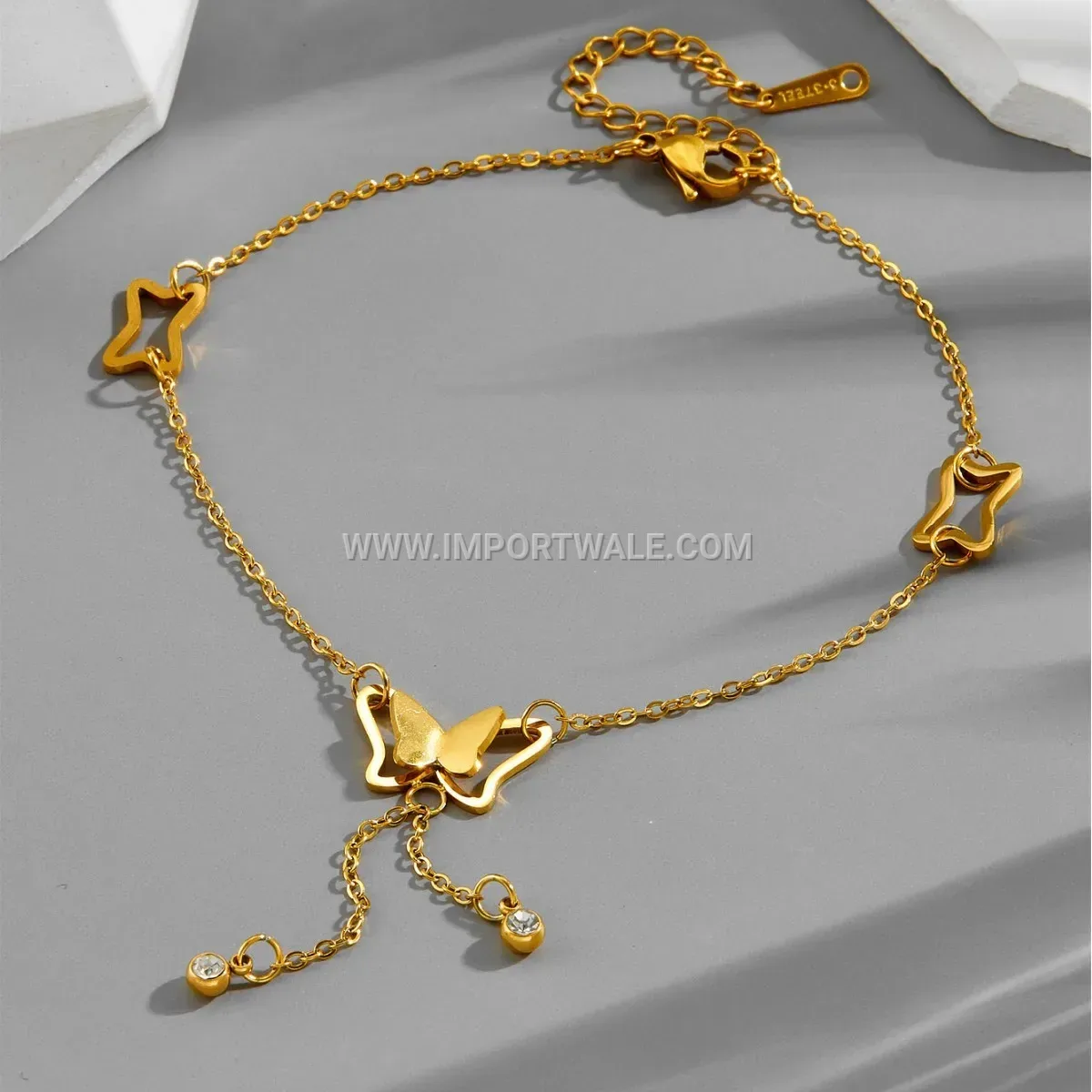 Gold Toned Butterfly Tassel Charms Premium Anklet Anti Tarnish