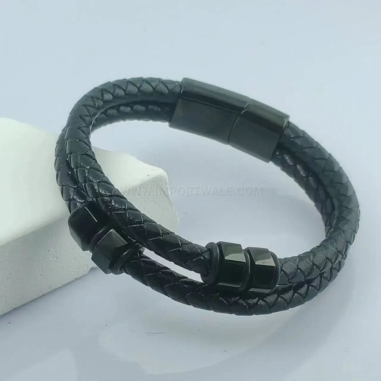 Double-Layer Braided Leather Bracelet with Magnetic Stainless Steel Clasp