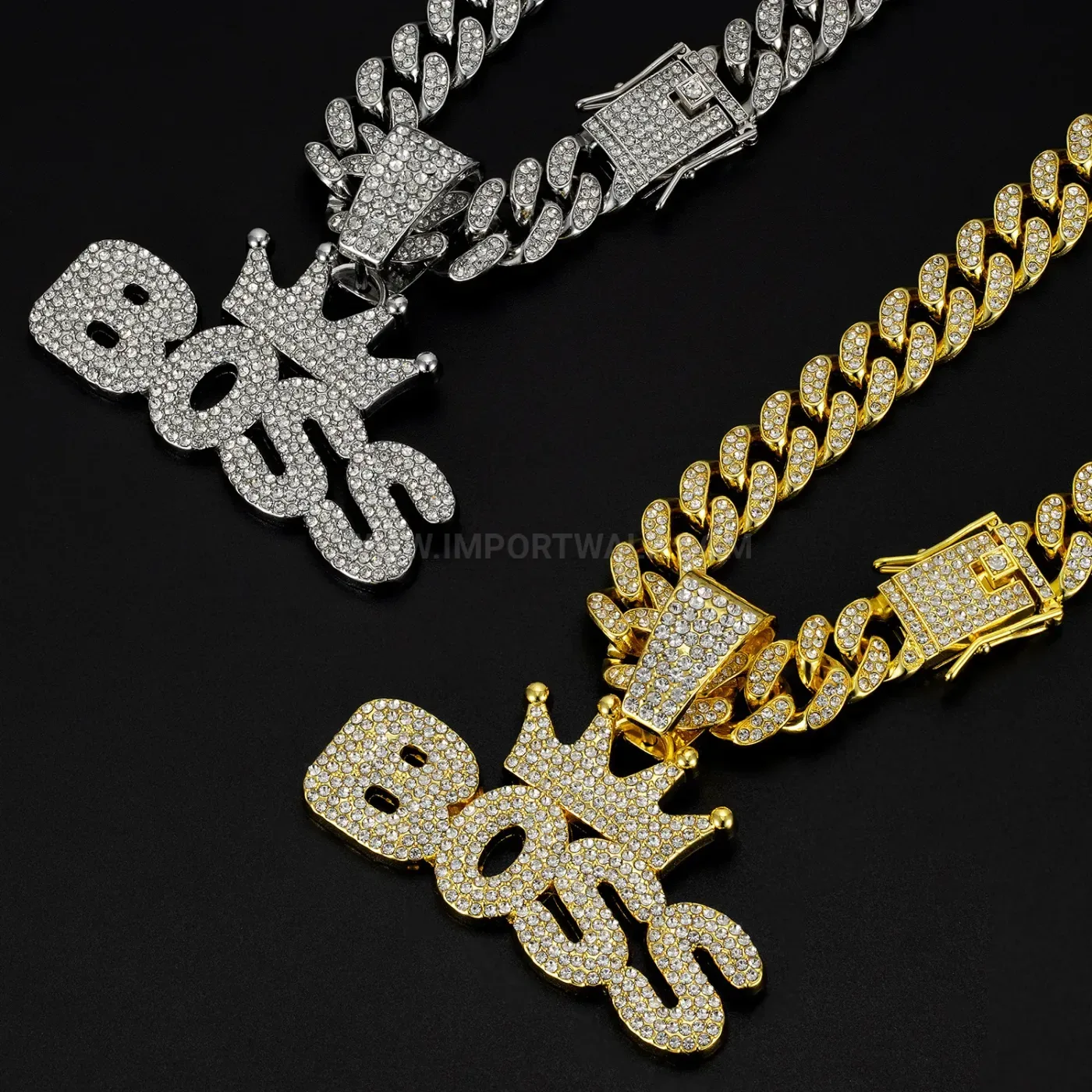 Rhinestone Crown Boss Alloy Hip Hop Pendant Necklace