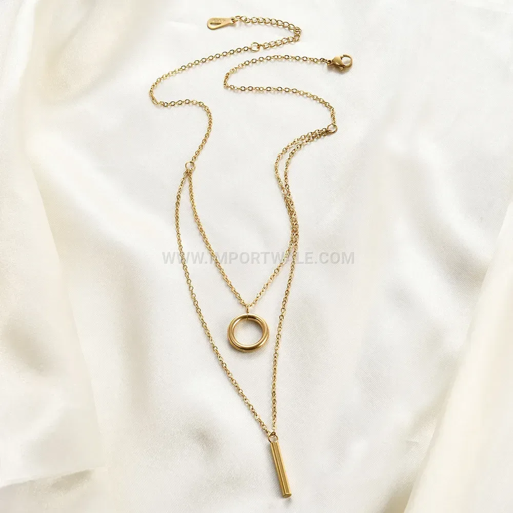 Double Layer Metal Ring Stainless Steel Bar Pendant Necklace