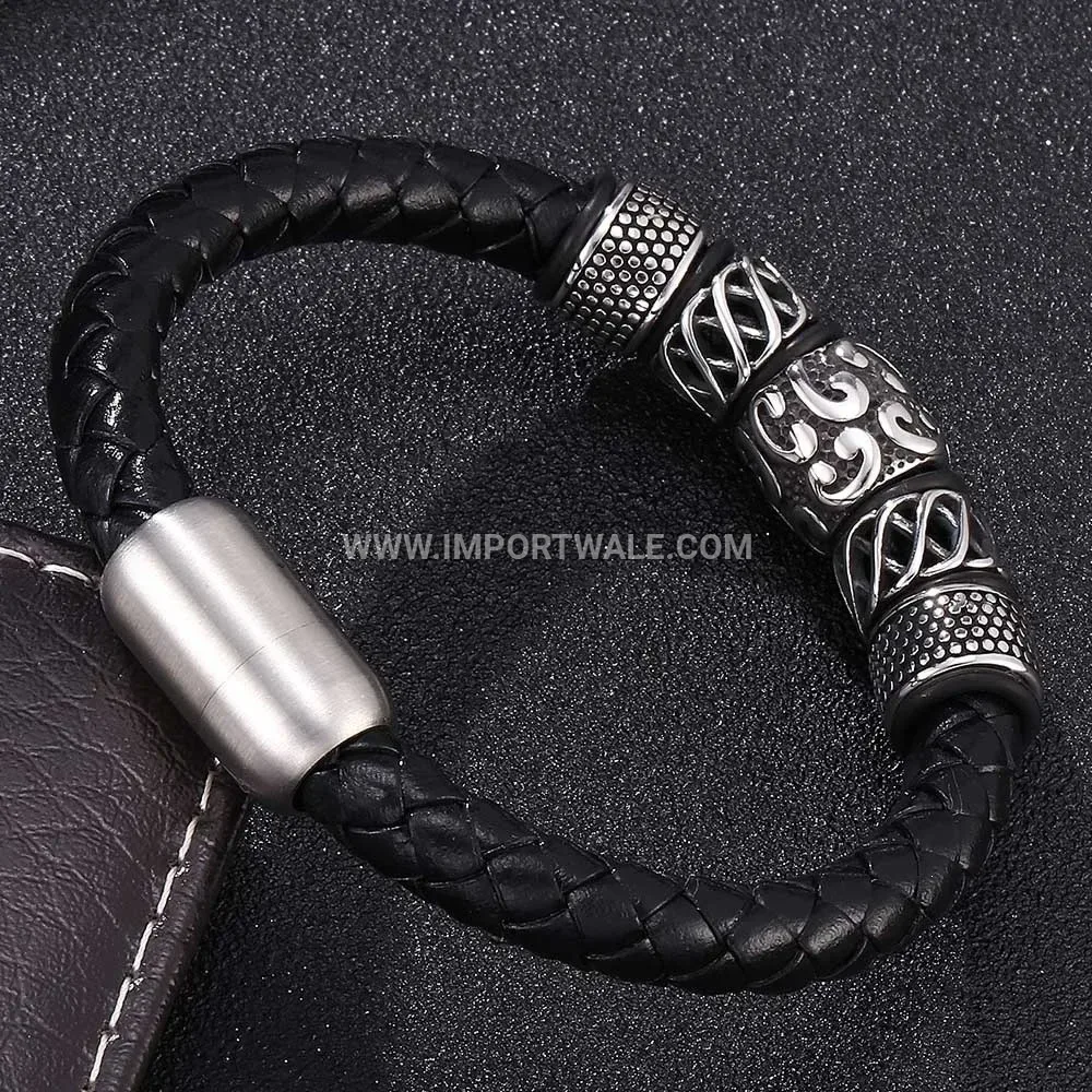 Men's Braided Leather Stainless Steel Magnetic Clasp Cuff Bracelet
