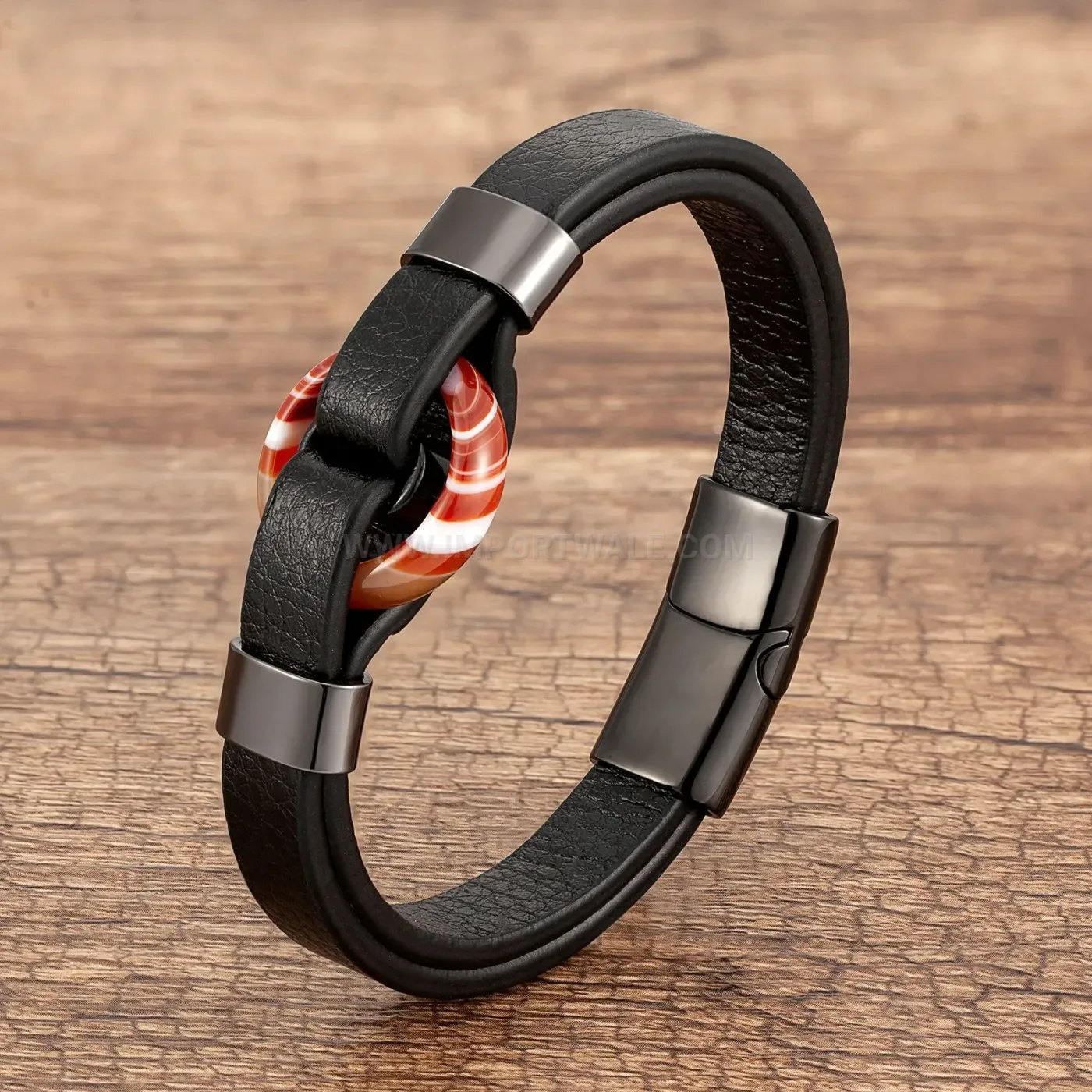 Beaded Natural Stone Leather Cord Wristband Stainless Steel Magnetic Clasp