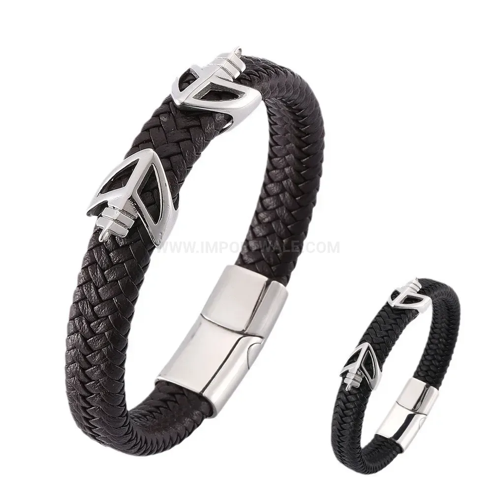 Braided Leather and Stainless Steel Geometric Charm Bracelet for Men