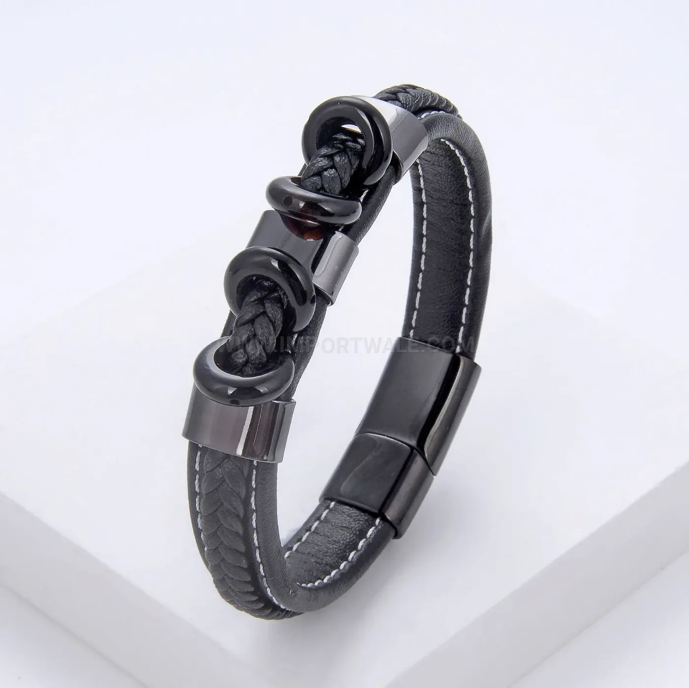 Braided Leather Stone Bead Bracelet With Stainless Steel Magnetic Clasp