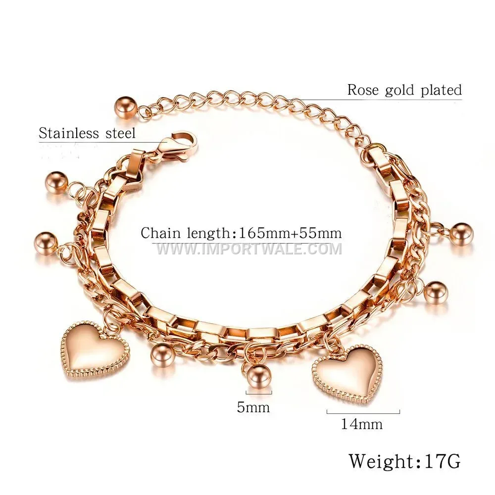 Multi Strand Heart Charm Bead Stainless Steel Bracelet