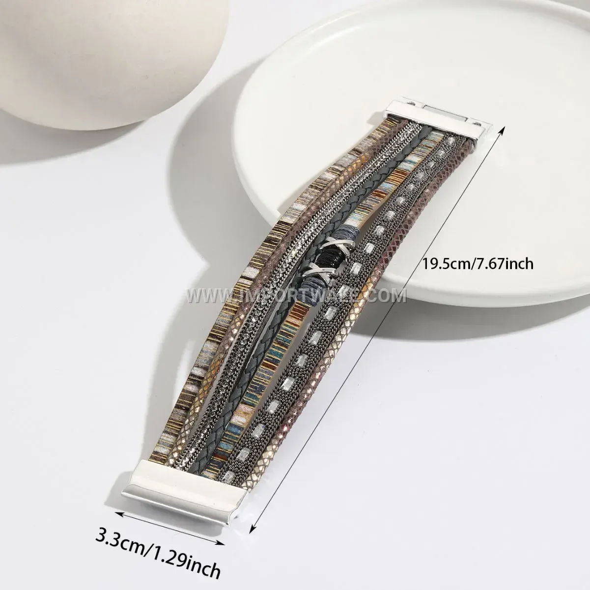 Multi Layer Beaded Faux Leather Bracelet With Magnetic Clasp