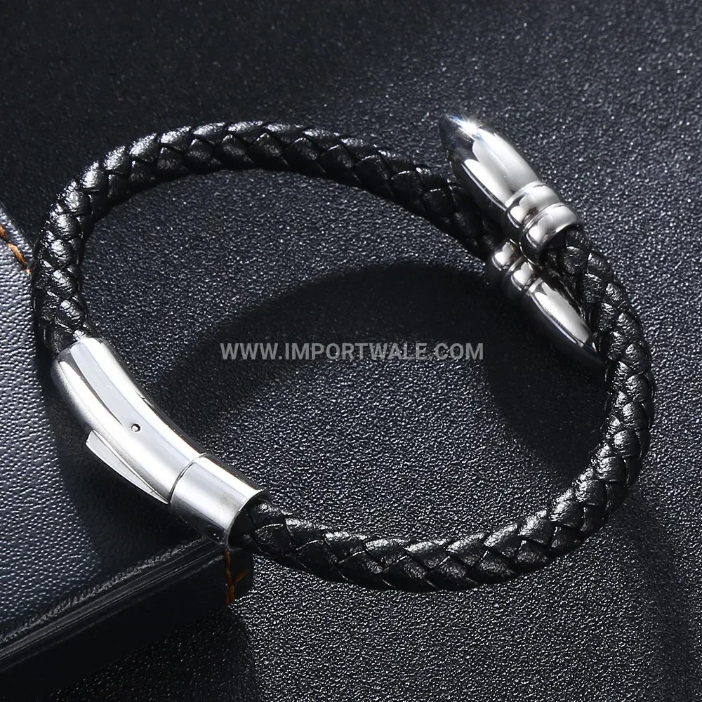 Woven Leather Bracelet with Stainless Steel Bullet Accent