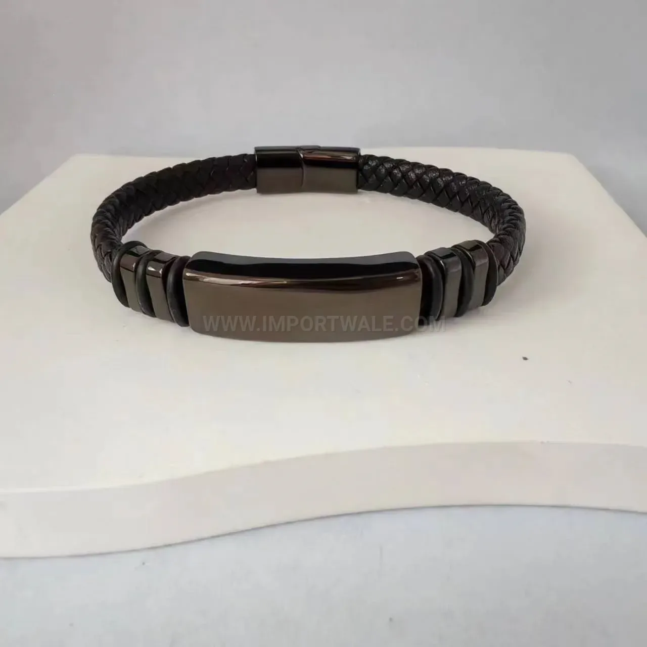 Minimalist Braided Leather Men Bracelet with Polished Stainless Steel Accents
