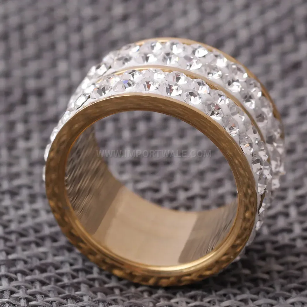 Double Row Rhinestone Wide Stainless Steel Band Ring
