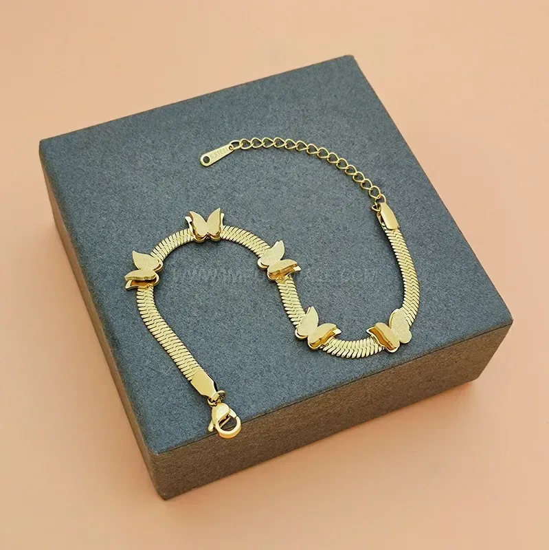 Stainless Steel Gold Butterfly Charm Snake Chain Bracelet