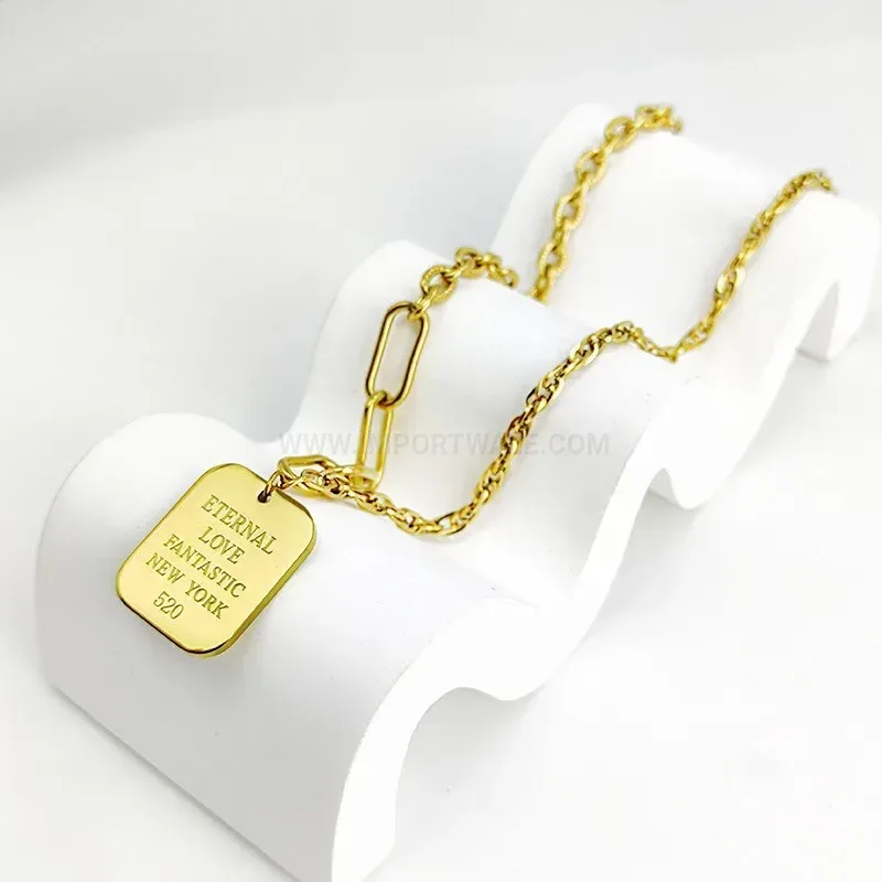 Designer Irregular Titanium Steel Square Tag Letter Pendant Chain Necklace