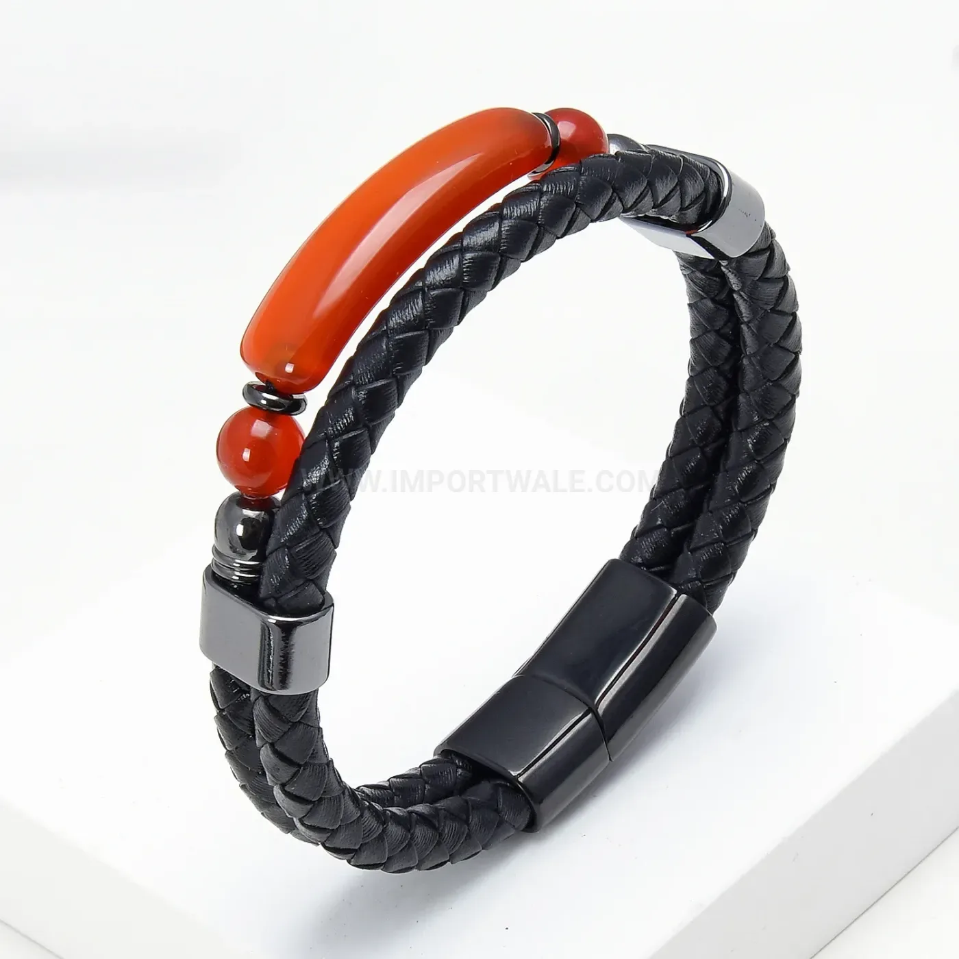 Double Layer Handmade Woven Leather Bracelet with Stainless Steel Clasp