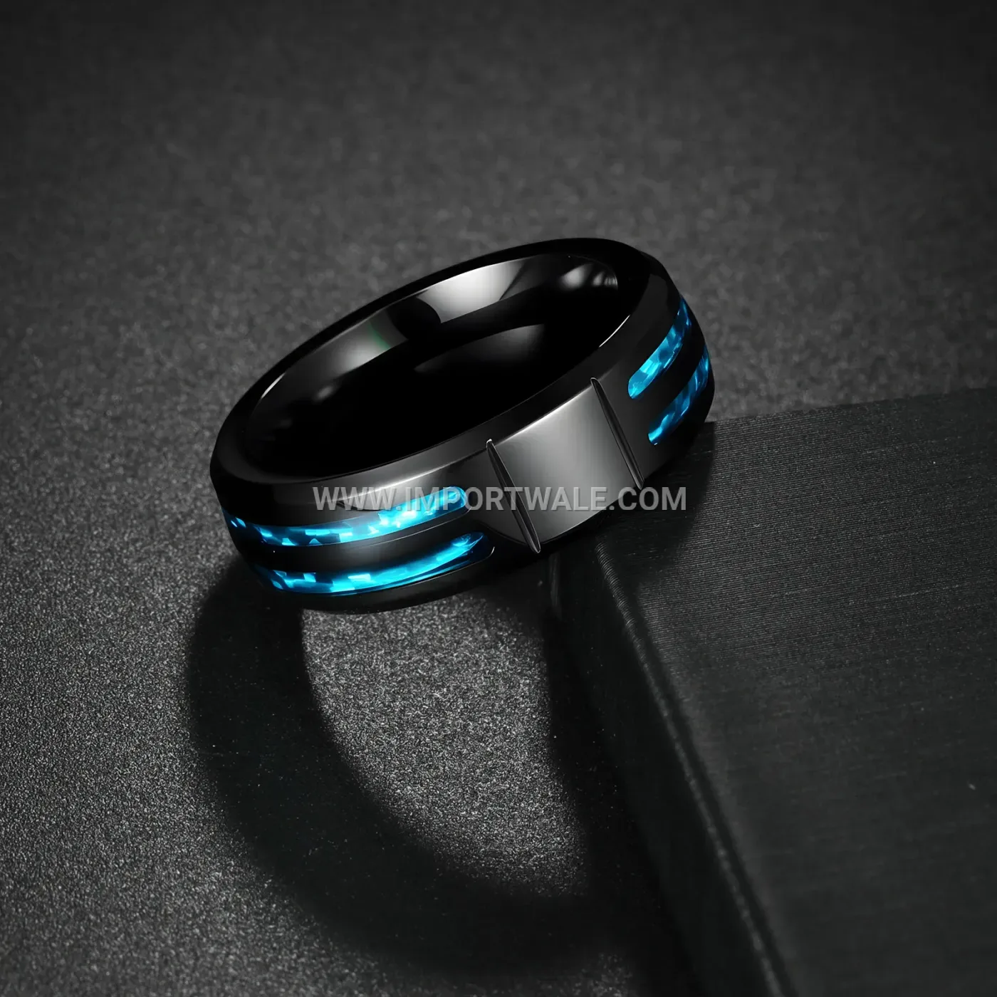 Black Stainless Steel Men's Ring with Faux Opal Inlay