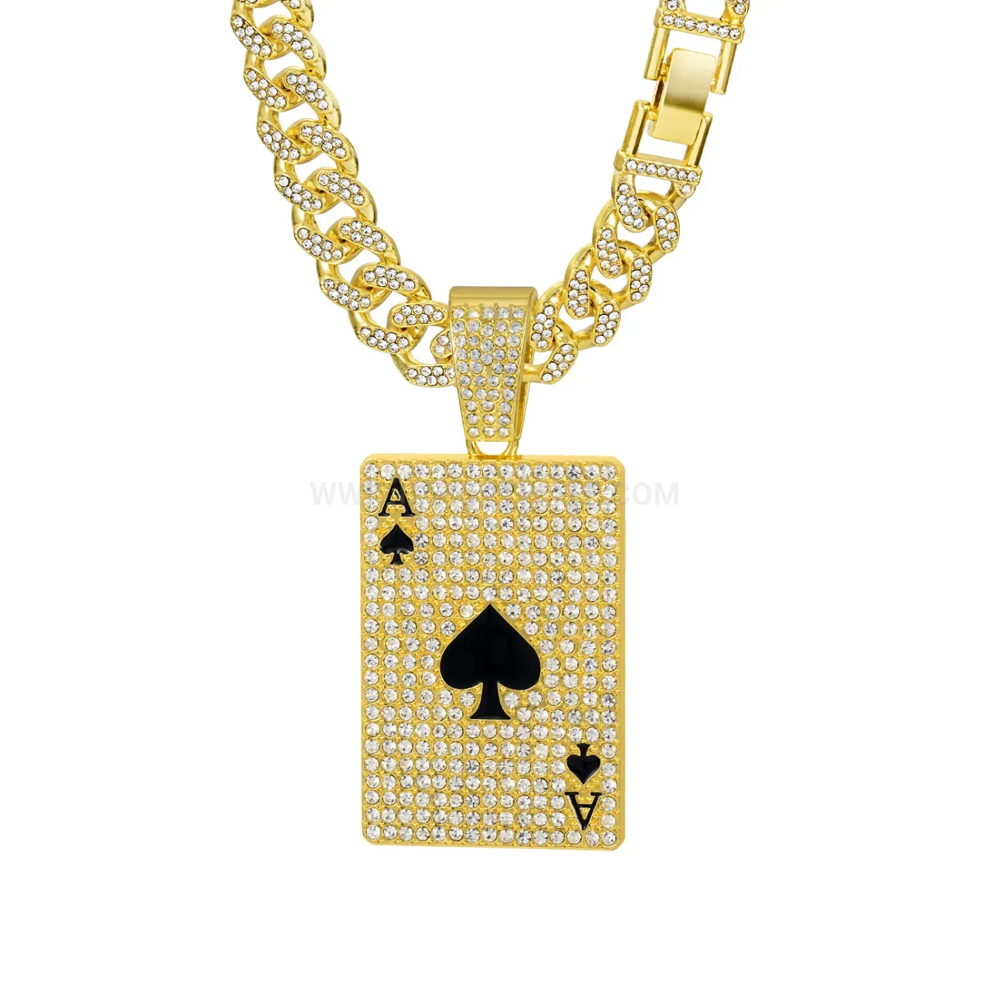 Rhinestone Ace of Spades Playing Card Cuban Link Pendant