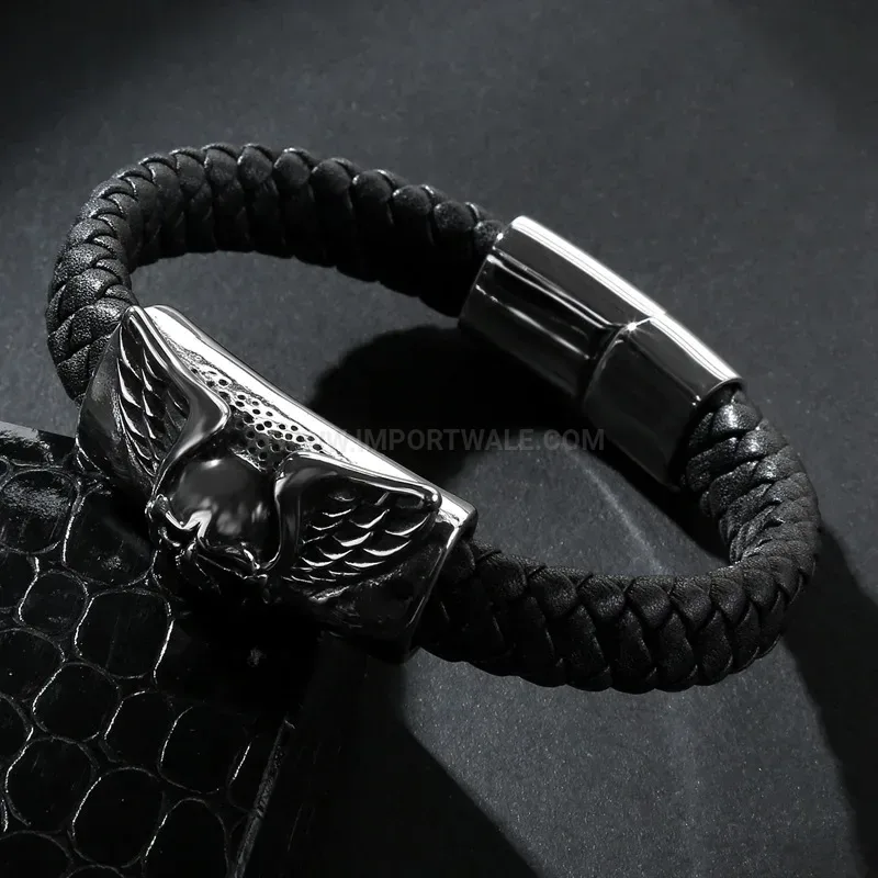 Stylish Gothic Skull Accent Braided Leather Stainless Steel Men Bracelet