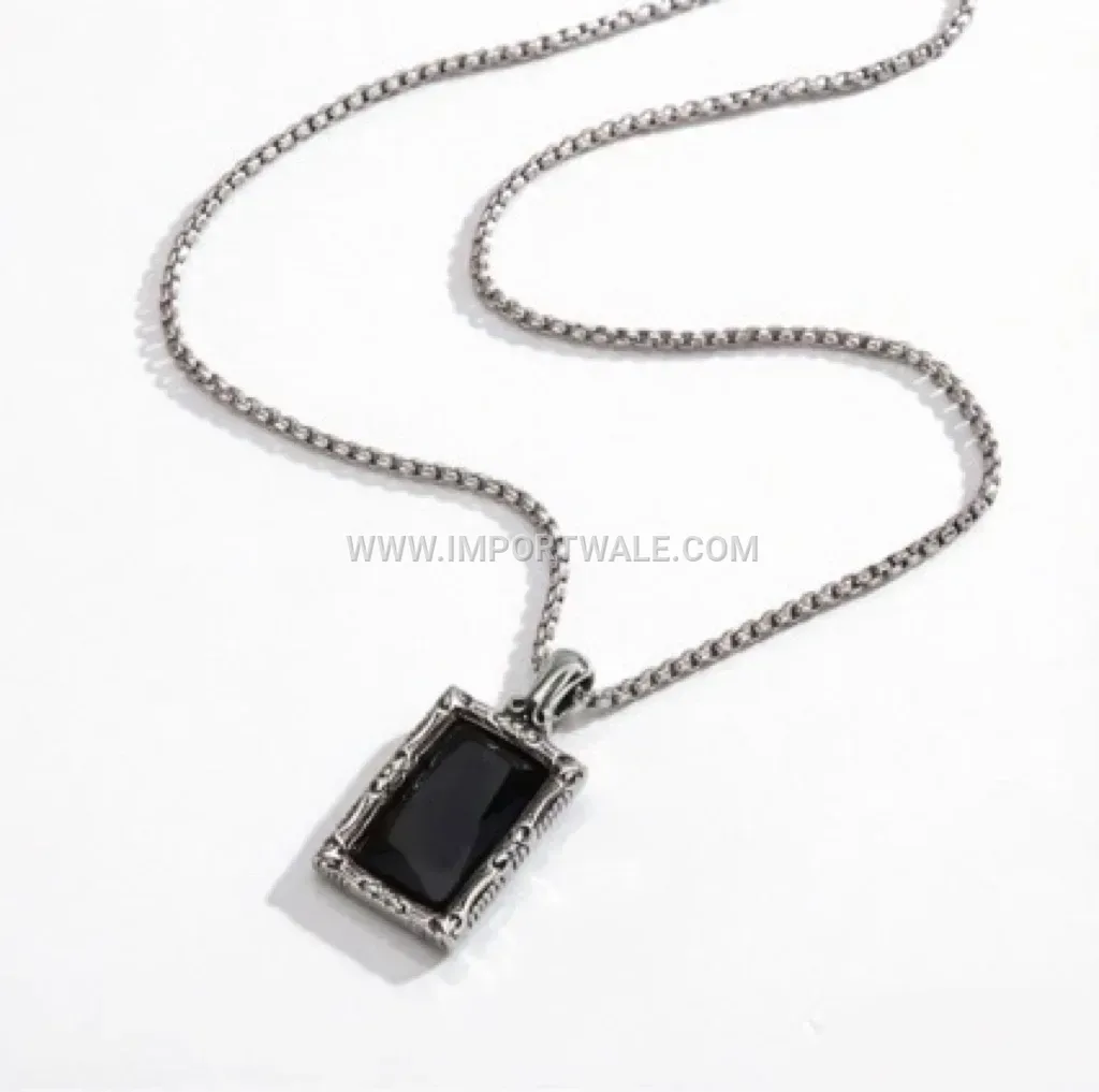 Vintage Obsidian Dog Tag Stainless Steel Men Necklace